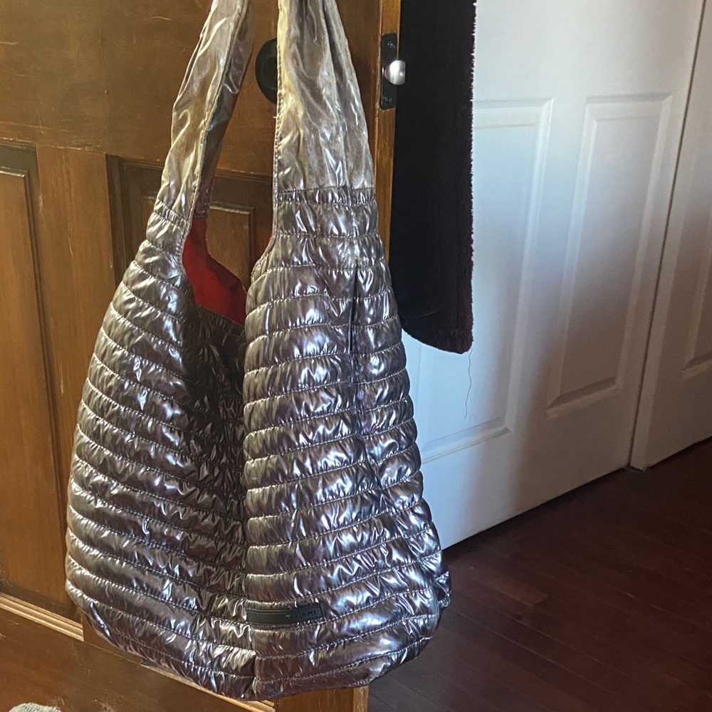 Tahari Metallic Silver Quilted Shoulder Tote Bag